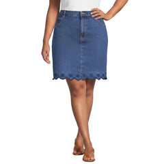 Women's Plus Size Soft Denim 5 Pocket Above the Knee Skirt with Embroidered Hem