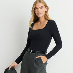 Women's Long Sleeve Tugless Double Layer Square Neck Knit Top
