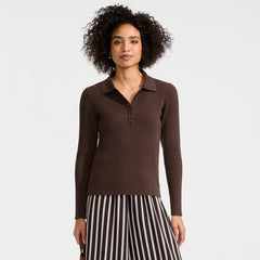Women's Cotton Ribbed Long Sleeve Polo Sweater