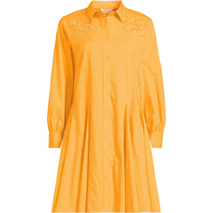 Women's Plus Size Embroidered Poplin Button Front Dress with Godets