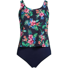 Women's Plus Size Chlorine Resistant One Piece Scoop Neck Fauxkini Swimsuit