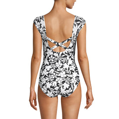Women's Long Torso Smoothing Cap Sleeve X-Back One Piece Swimsuit