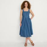 Women's Petite Pleated Square Neck Light Weight Denim Midi Dress