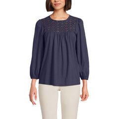 Women's 3/4 Sleeve Eyelet Mix Flowy Top