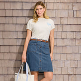 Women's Petite Soft Denim Mid Rise Button Through Above the Knee Skirt