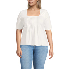 Women's Plus Size Elbow Sleeve Lightweight Jersey Pintuck Square Neck Top