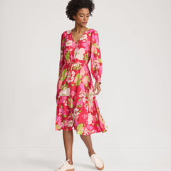 Women's Petite Crepe Button Front Long Sleeve Midi Dress