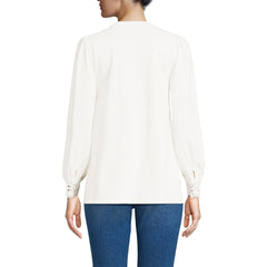 Women's Petite Lightweight Jersey Long Sleeve Button Front Pintuck Top
