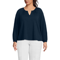 Women's Plus Size Lightweight Jersey 3/4 Sleeve Notch Neck Gather Blouse