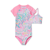Girls Slim Chlorine Resistant Short Sleeve Rash Guard 3 Piece Swimsuit Set
