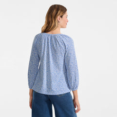 Women's Petite Lightweight Jersey 3/4 Sleeve Notch Neck Gather Blouse