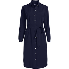 Women's Long Sleeve Twill Below Knee Belted Shirt Dress