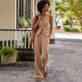 Women's Crepe High Rise Pleated Wide Leg Pants