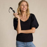 Women's Drapey Rib Puff Sleeve Scoop Neck Top
