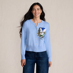 Women's Cropped Placed Jacquard Fine Gauge Crew Neck Cardigan Sweater
