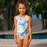 Girls Slim Chlorine Resistant Sporty Hi-Neck Racer Back One Piece Swimsuit