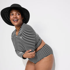Women's Plus Size Crochet Long Sleeve Bikini Top and High Waisted Bottoms Swimsuit Set