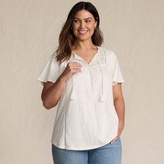 Women's Plus Size Slub Flutter Sleeve Lace Trim Notch Neck Tunic Top