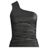 Women's Chlorine Resistant Shine Shirred One Shoulder Tankini Swimsuit Top