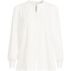 Women's Petite Lightweight Jersey Long Sleeve Button Front Pintuck Top