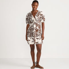 Women's Petite Linen Above the Knee Puff Sleeve Dress