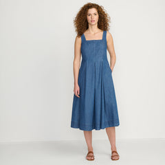 Women's Petite Pleated Square Neck Light Weight Denim Midi Dress