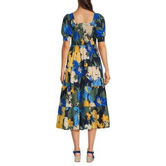 Women's Smocked Cotton Dobby Midi Puff Sleeve Dress