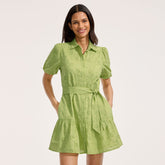 Women's Elbow Sleeve Eyelet Knee Length Shirt Dress