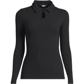 Women's Plus Size Long Sleeve Pointelle Rib Keyhole Polo Top