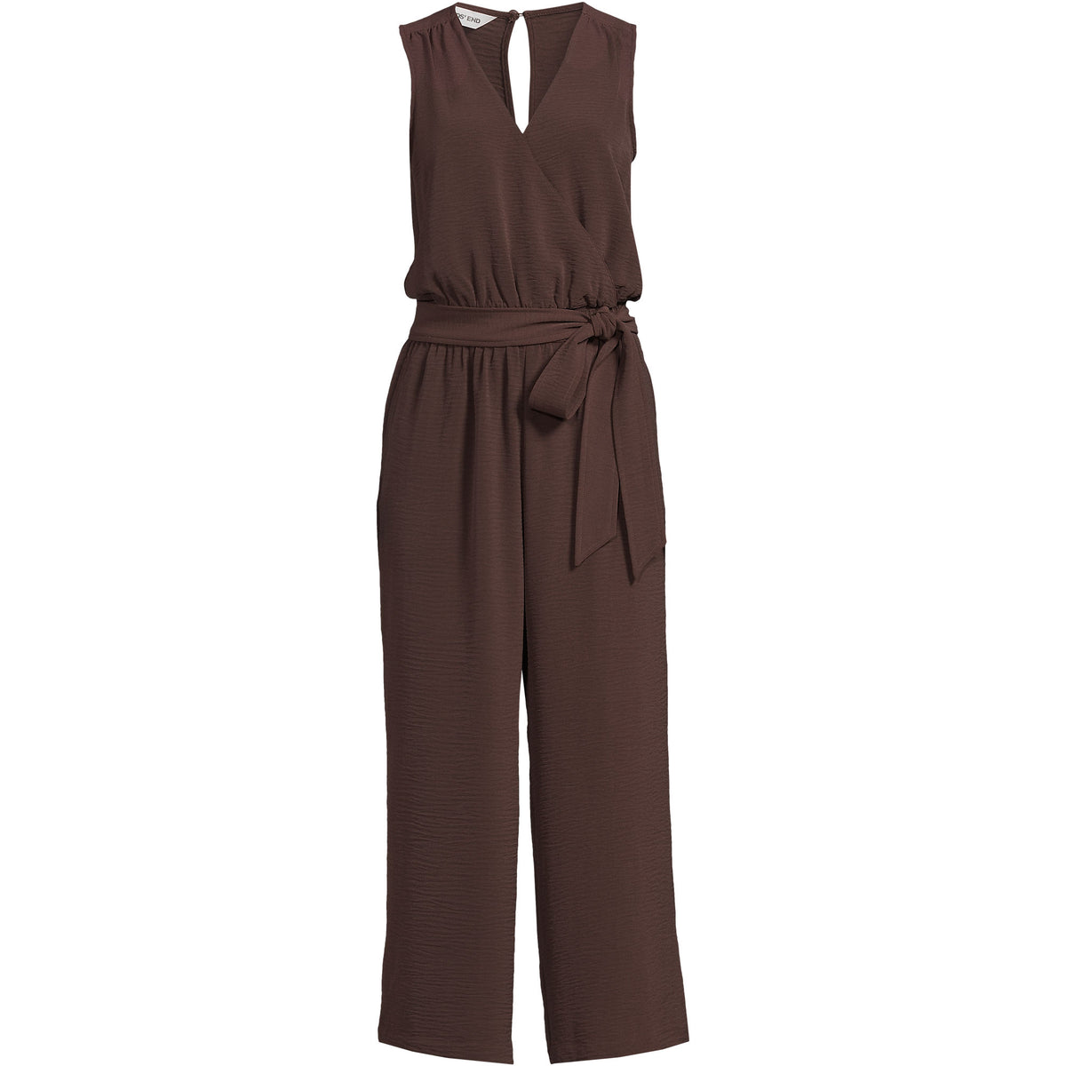 Women's Petite Sleeveless Creaseless Wrap Jumpsuit with Smocked Waist