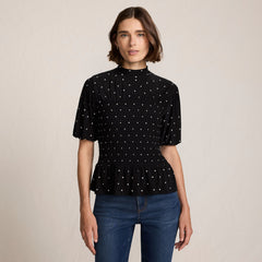 Women's Bubble Sleeve Silky Knit Smocked Mock Neck Top