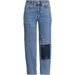 Women's Petite Soft Denim Mid Rise Relaxed Straight Crop Patchwork Jeans