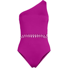 Women's Plus Size Macrame One Shoulder High Leg One Piece Swimsuit