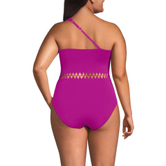 Women's Plus Size Macrame One Shoulder High Leg One Piece Swimsuit