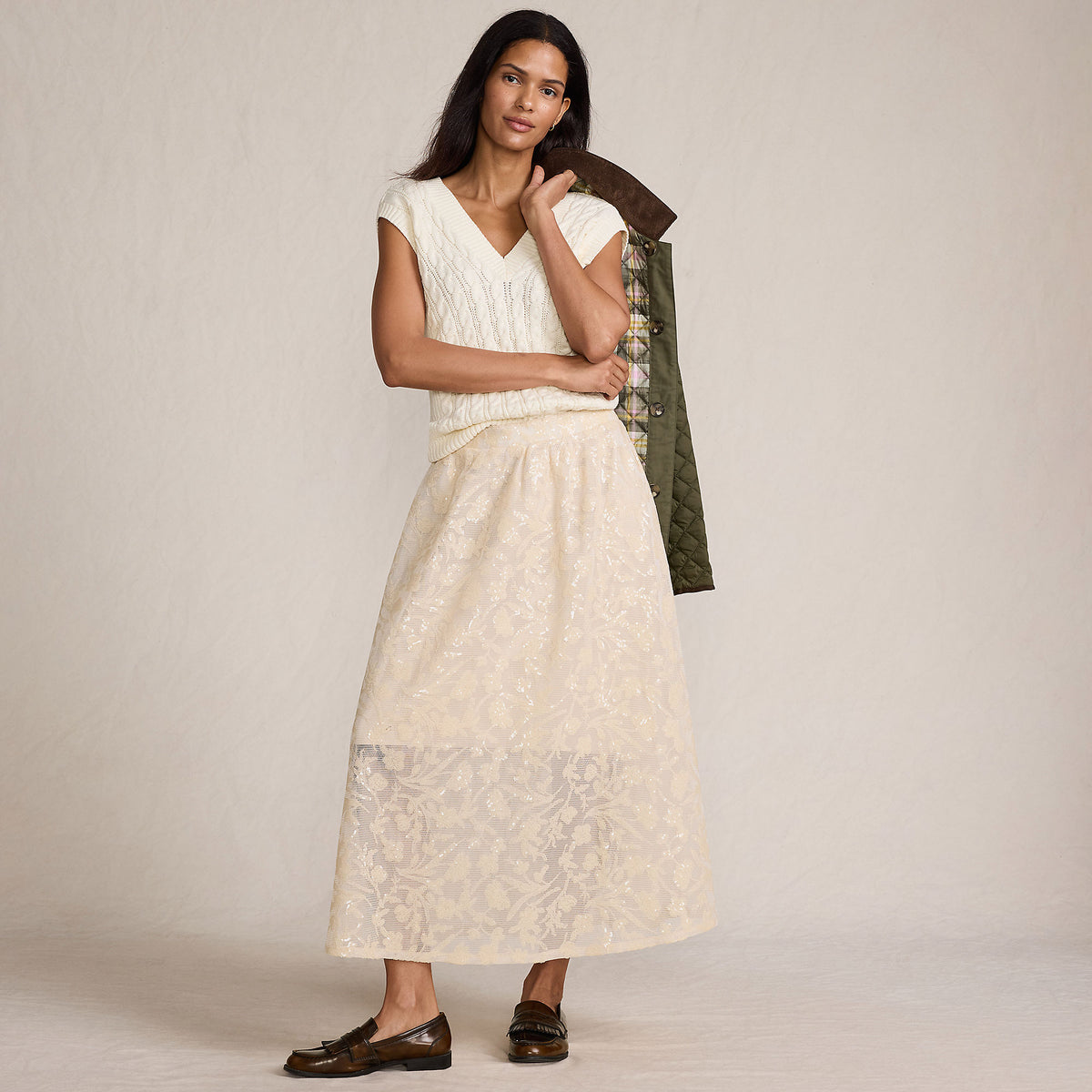 Women's Sequin Lace Mid Rise Midi Skirt