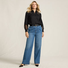Women's Soft Denim High Rise Wide Leg Top Stitch Trousers