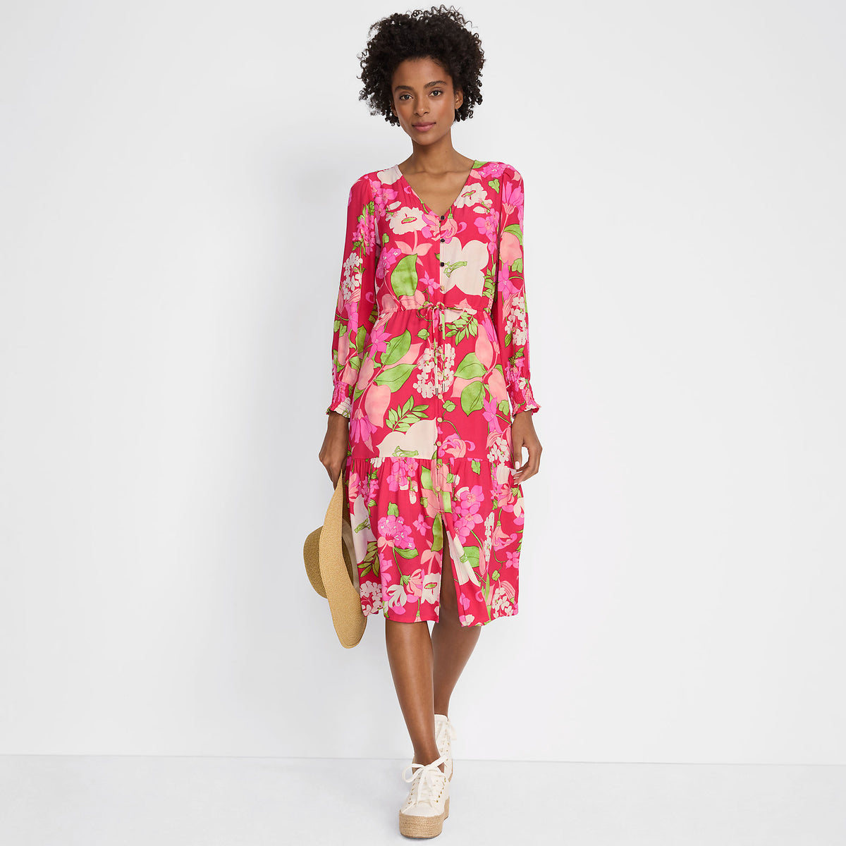 Women's Petite Crepe Button Front Long Sleeve Midi Dress