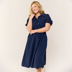Women's Twill Button Front Fluid Short Sleeve Dress