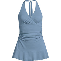 Women's Plus Size Pique Halter Ruffle Hem Mini Swim Dress Swimsuit