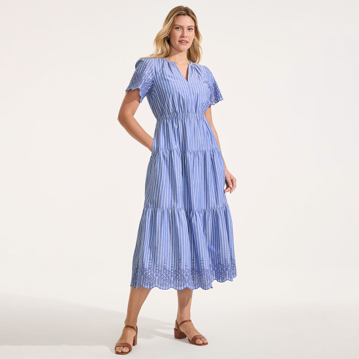 Women's Petite Tiered Cotton Poplin Eyelet Maxi Dress