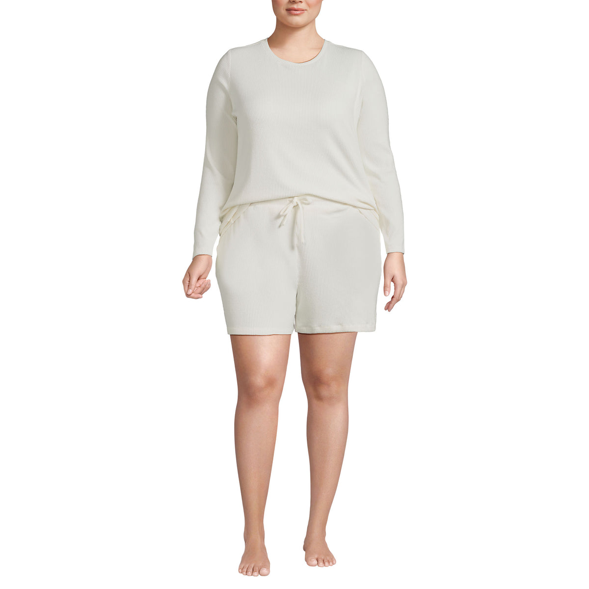 Women's Cozy Plus Size Brushed Rib 2 Piece Pajama Set - Long Sleeve Top and Shorts