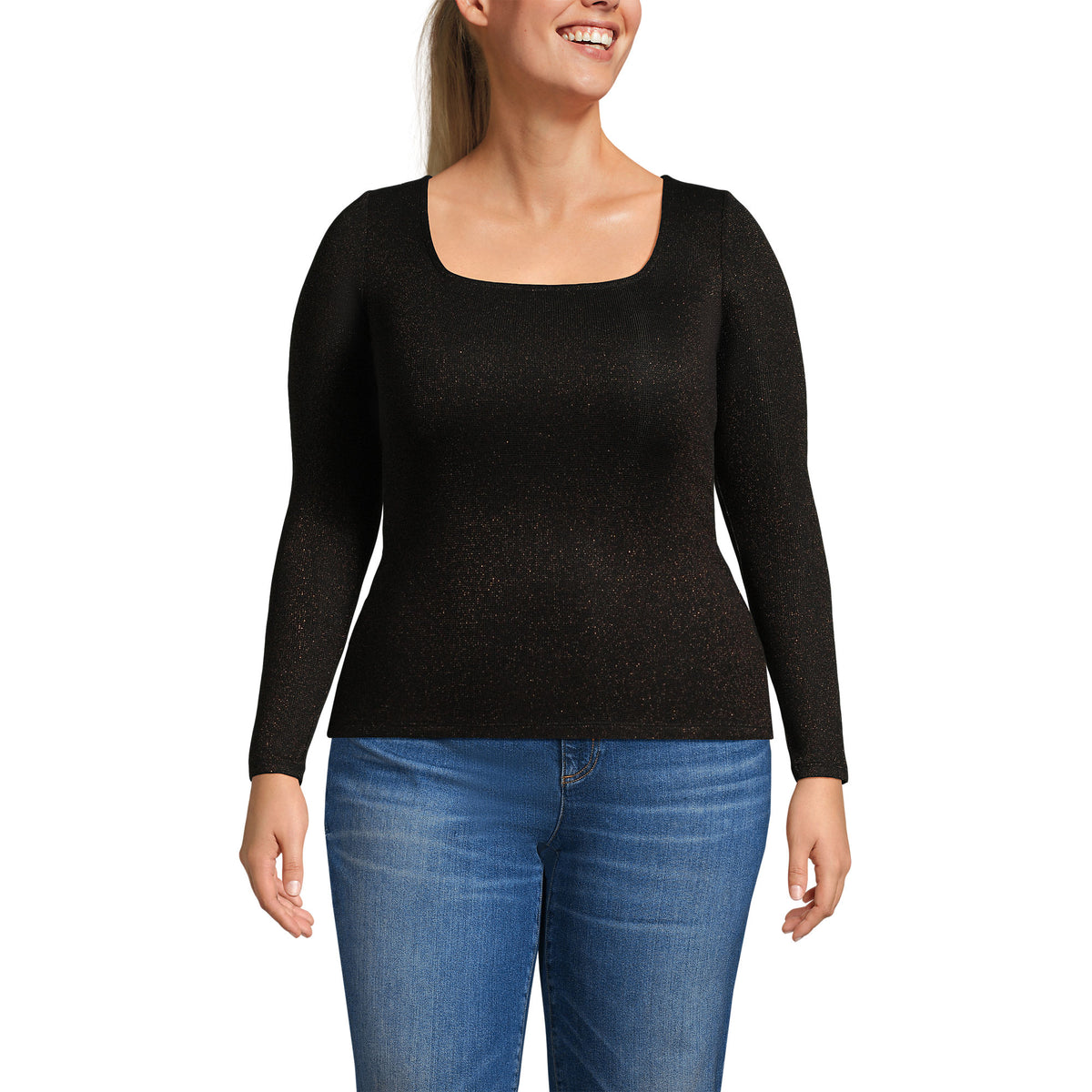 Women's Plus Size Long Sleeve Rib Square Neck Tee