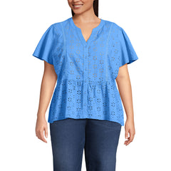 Women's Plus Size Short Sleeve Mixed Media Eyelet Top