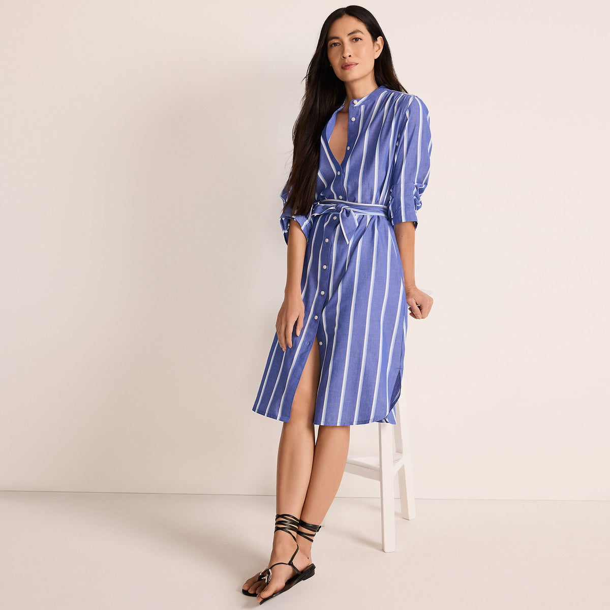 Women's Petite Poplin Oversized Puff Sleeve Midi Shirt Dress
