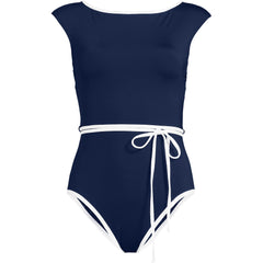 Women's Long Torso High Neck Cap Sleeve Tie Belt One Piece Swimsuit