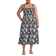Women's Plus Size Poplin Smocked Bodice Midi Dress