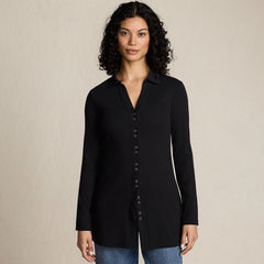 Women's Long Sleeve Polished Rib Button Through Tunic Shirt