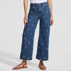 Women's Tall Soft Denim High Rise Embroidered Wide Leg Crop Jeans