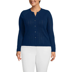 Women's Plus Size Cotton Pointelle Satin Trim Cardigan Sweater