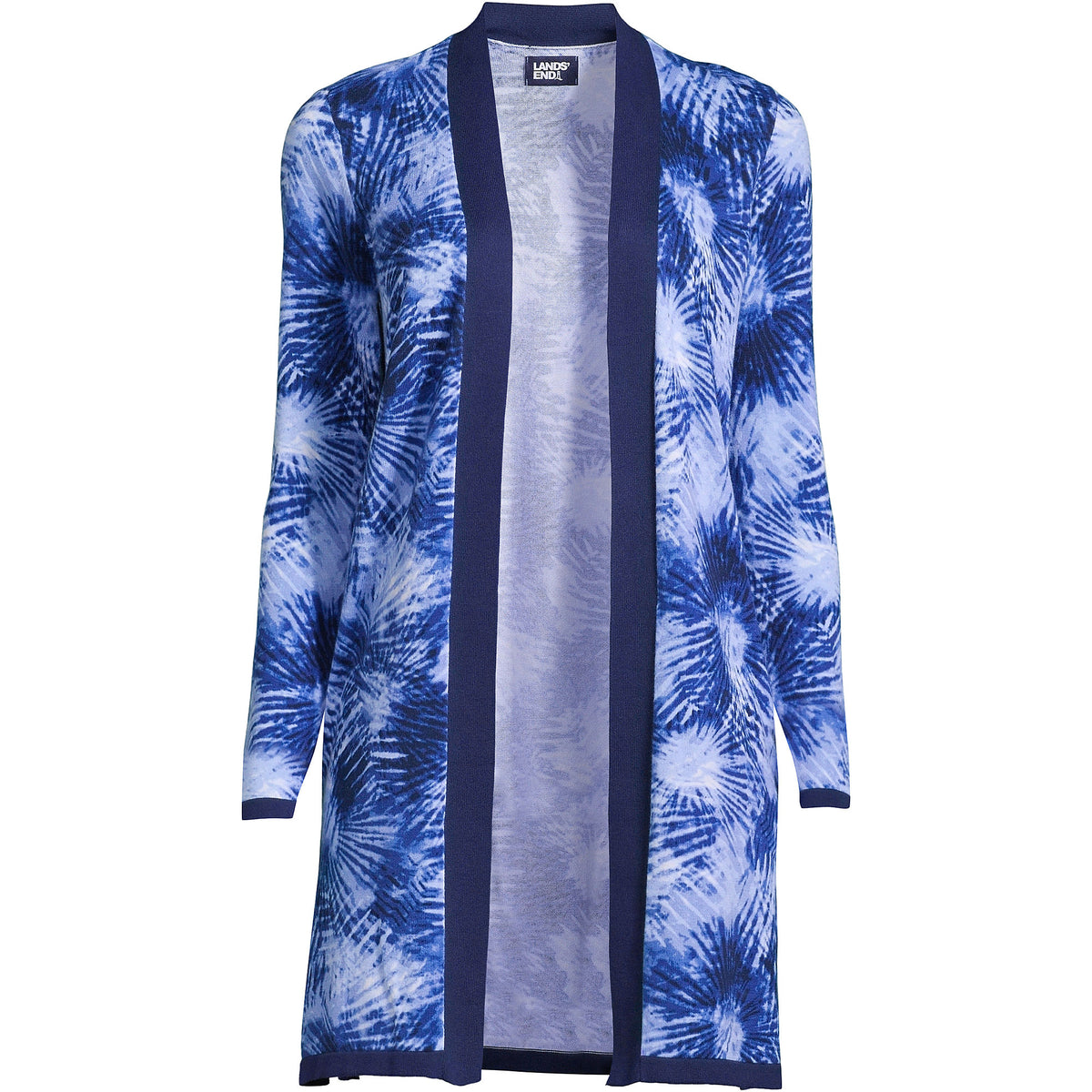 Women's Petite Fine Gauge Cotton Long Open Cardigan Sweater - Print